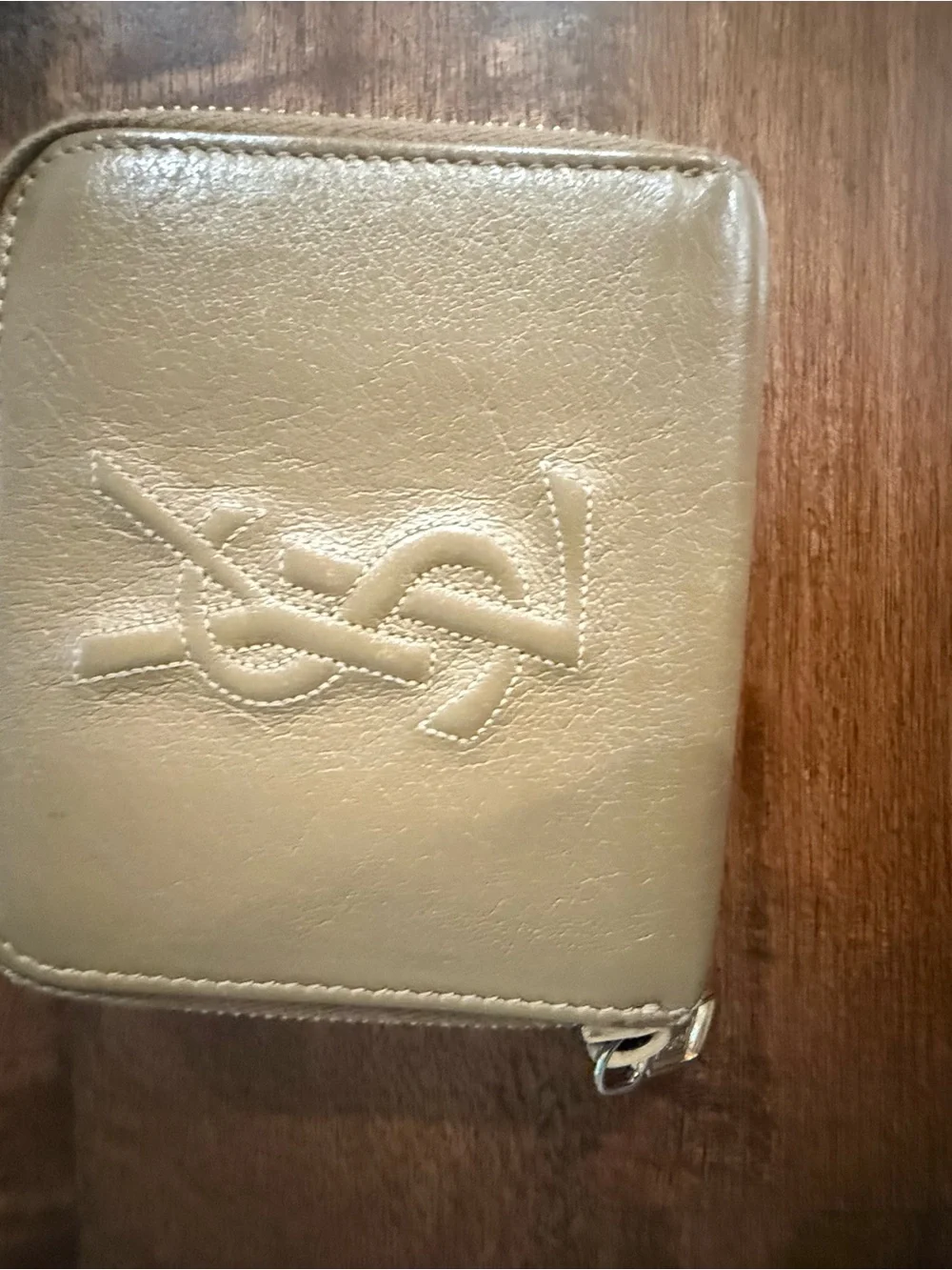 Yves Saint Laurent Embossed Logo Zip small Wallet in Light Beige